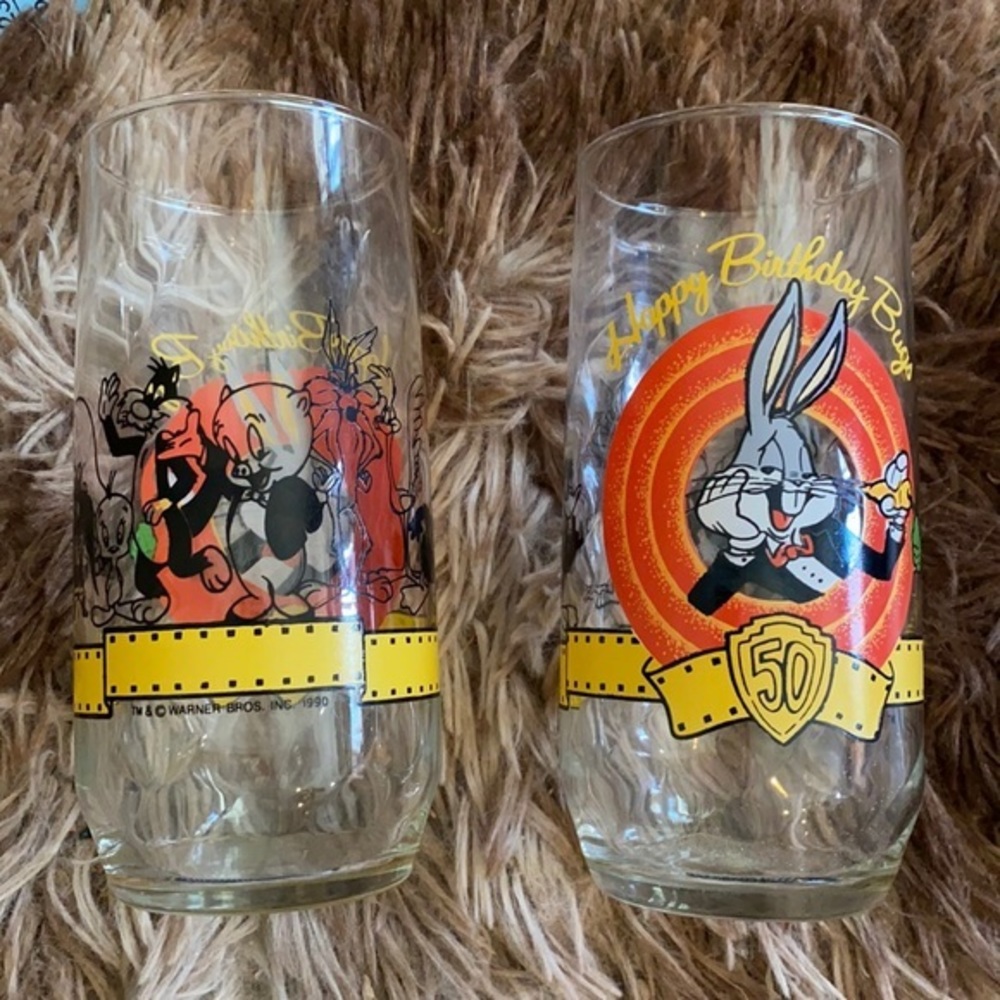 Vintage 1990 Bugs Bunny 50th Birthday Looney Tunes Drinking Glasses Set of 2